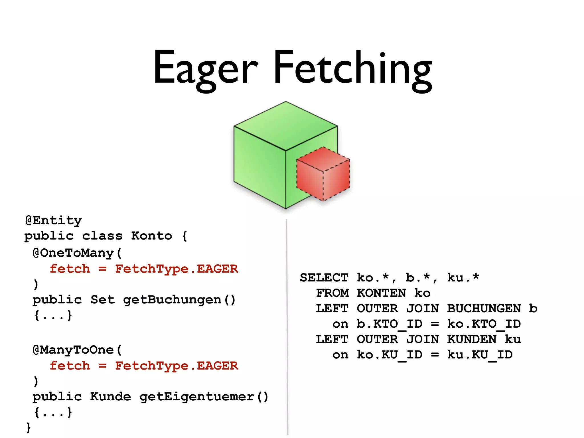 Eager Fetching

@Entity
public class Konto {
 @OneToMany(
   fetch = FetchType.EAGER
 )                                SELECT   ko.*, b.*,   ku.*
 public Set getBuchungen()          FROM   KONTEN ko
 {...}                              LEFT   OUTER JOIN   BUCHUNGEN b
                                      on   b.KTO_ID =   ko.KTO_ID
                                    LEFT   OUTER JOIN   KUNDEN ku
 @ManyToOne(                          on   ko.KU_ID =   ku.KU_ID
    fetch = FetchType.EAGER
  )
  public Kunde getEigentuemer()
  {...}
}
 