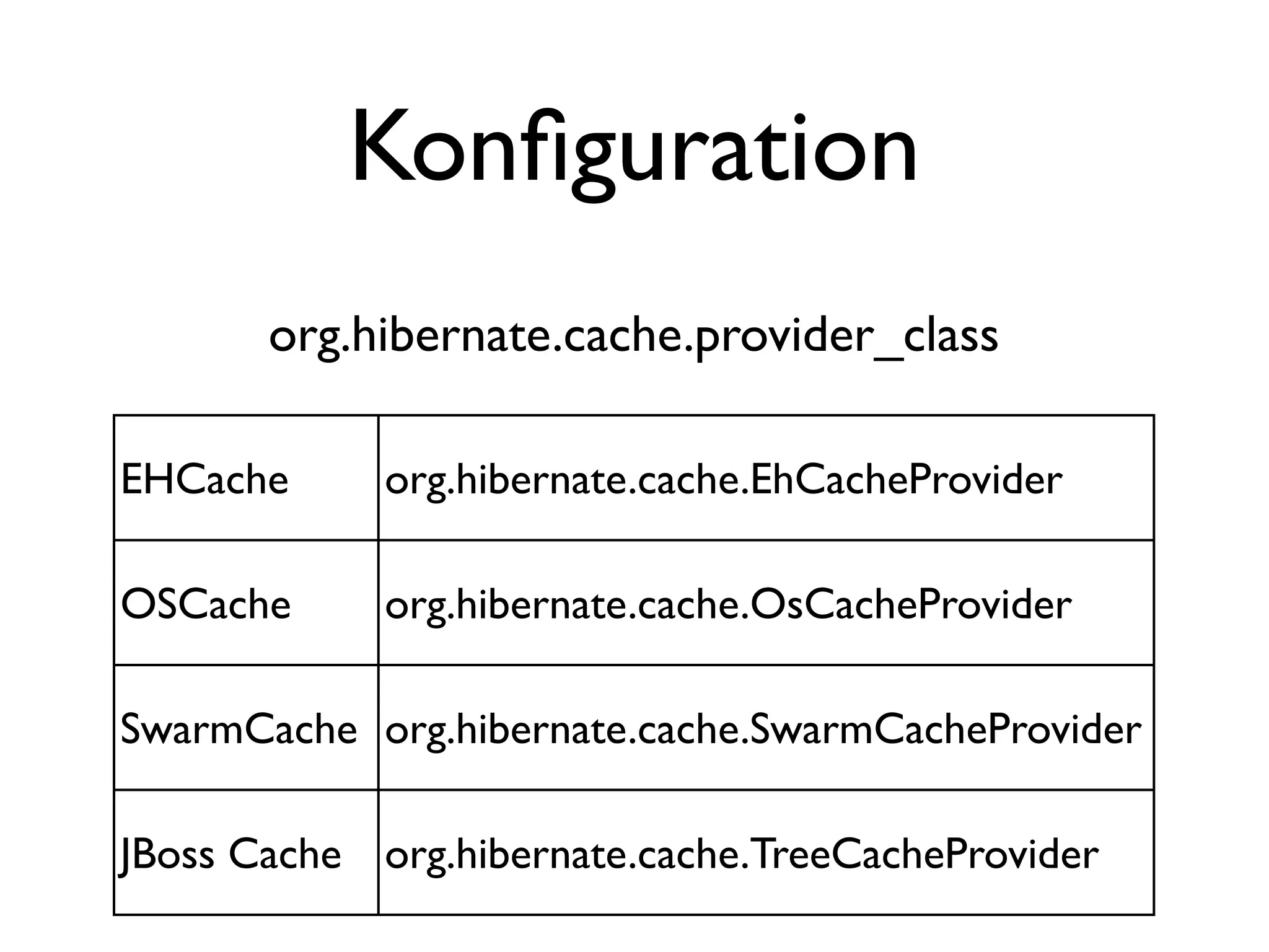 Konﬁguration
       org.hibernate.cache.provider_class

EHCache      org.hibernate.cache.EhCacheProvider

OSCache      org.hibernate.cache.OsCacheProvider

SwarmCache org.hibernate.cache.SwarmCacheProvider

JBoss Cache org.hibernate.cache.TreeCacheProvider
 