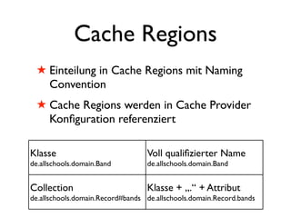 Cache Regions
  ! Einteilung in Cache Regions mit Naming
    Convention
  ! Cache Regions werden in Cache Provider
    Konﬁguration referenziert

Klasse                            Voll qualiﬁzierter Name
de.allschools.domain.Band         de.allschools.domain.Band


Collection                        Klasse + „.“ + Attribut
de.allschools.domain.Record#bands de.allschools.domain.Record.bands
 
