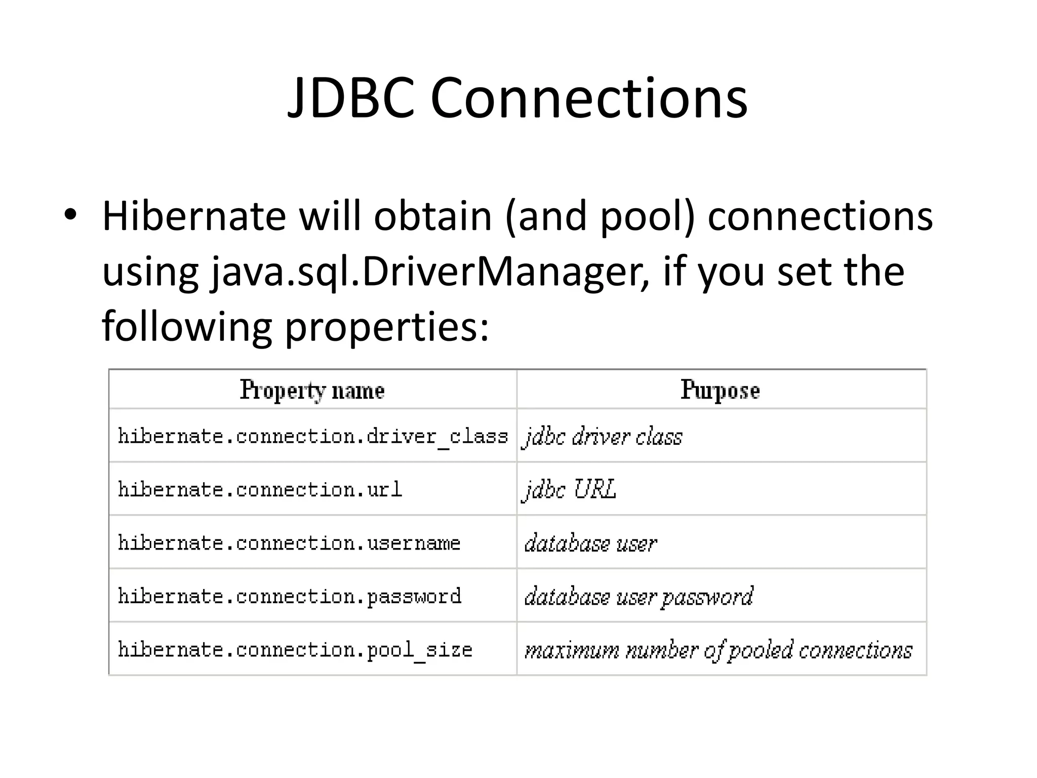 JDBC Connections
• Hibernate will obtain (and pool) connections
using java.sql.DriverManager, if you set the
following properties:

 
