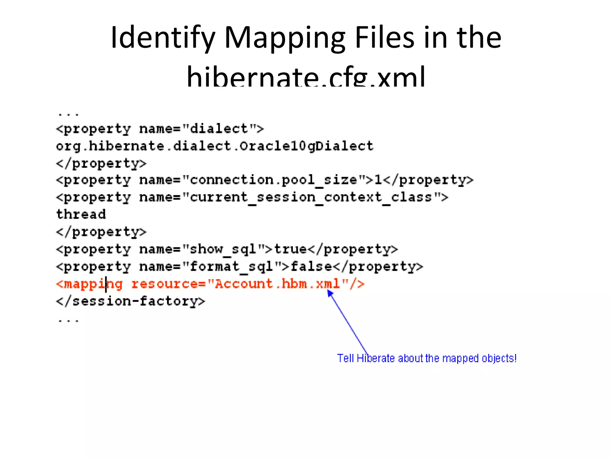 Identify Mapping Files in the
hibernate.cfg.xml

 