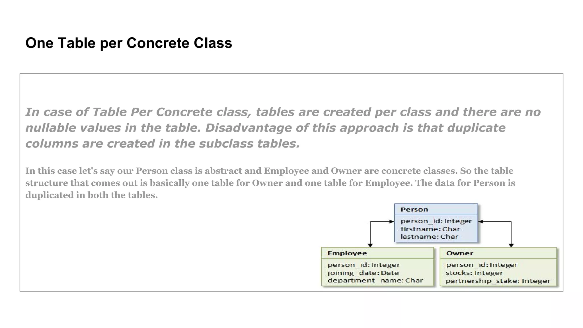 One Table per Concrete Class
In case of Table Per Concrete class, tables are created per class and there are no
nullable values in the table. Disadvantage of this approach is that duplicate
columns are created in the subclass tables.
In this case let's say our Person class is abstract and Employee and Owner are concrete classes. So the table
structure that comes out is basically one table for Owner and one table for Employee. The data for Person is
duplicated in both the tables.
 