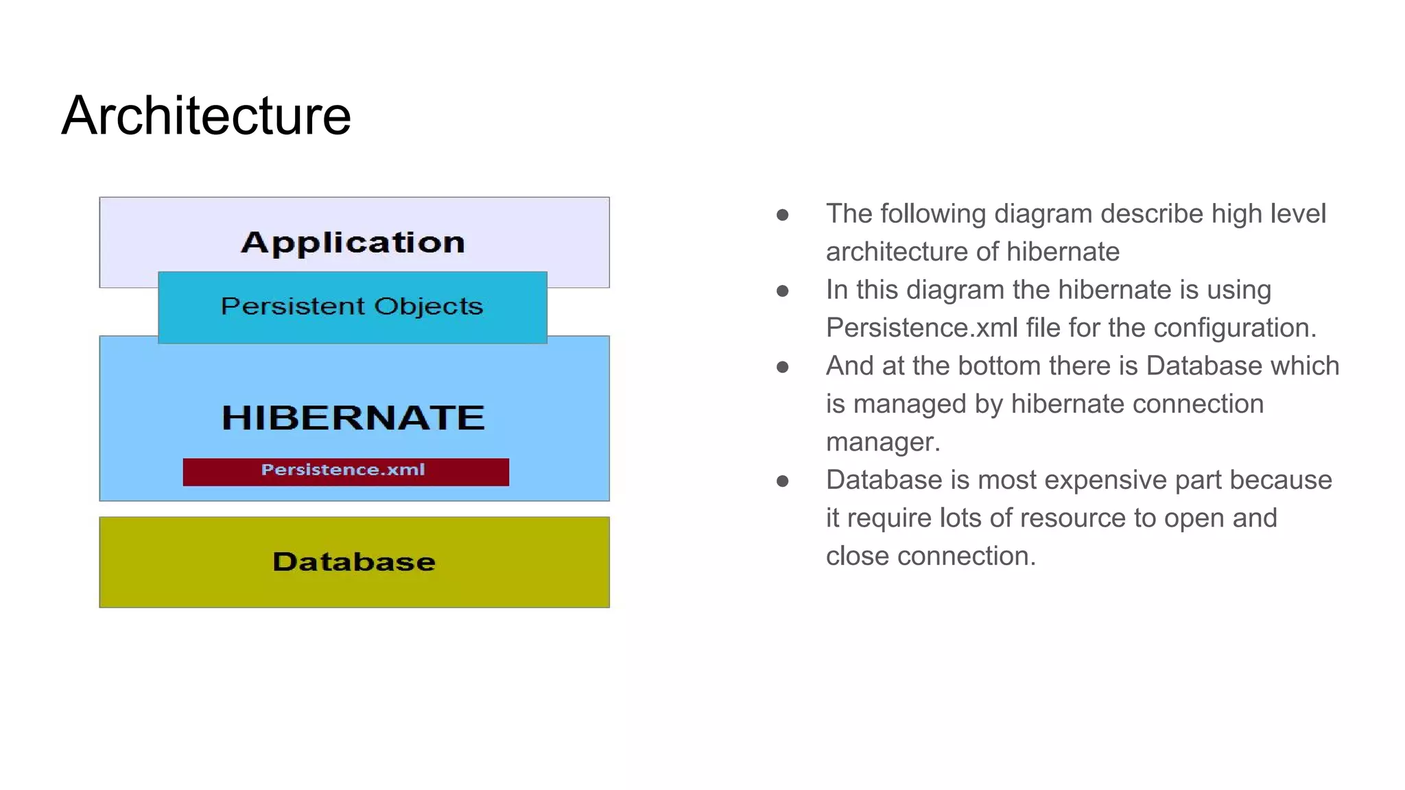 Architecture
● The following diagram describe high level
architecture of hibernate
● In this diagram the hibernate is using
Persistence.xml file for the configuration.
● And at the bottom there is Database which
is managed by hibernate connection
manager.
● Database is most expensive part because
it require lots of resource to open and
close connection.
 