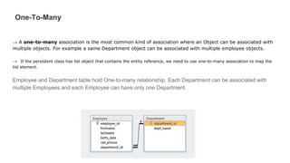 One-To-Many
→ A one-to-many association is the most common kind of association where an Object can be associated with
multiple objects. For example a same Department object can be associated with multiple employee objects.
→ If the persistent class has list object that contains the entity reference, we need to use one-to-many association to map the
list element.
Employee and Department table hold One-to-many relationship. Each Department can be associated with
multiple Employees and each Employee can have only one Department.
 