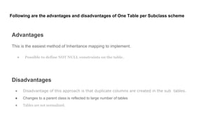 Following are the advantages and disadvantages of One Table per Subclass scheme
Advantages
This is the easiest method of Inheritance mapping to implement.
● Possible to define NOT NULL constraints on the table.
Disadvantages
● Disadvantage of this approach is that duplicate columns are created in the sub tables.
● Changes to a parent class is reflected to large number of tables
● Tables are not normalized.
 