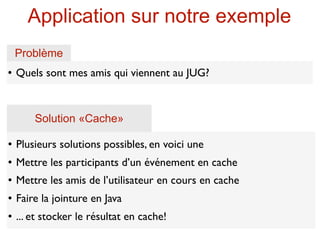 Application sur notre exemple
    Problème
   Quels sont mes amis qui viennent au JUG?



        Solution «Cache»

   Plusieurs solutions possibles, en voici une
   Mettre les participants d’un événement en cache
   Mettre les amis de l’utilisateur en cours en cache
   Faire la jointure en Java
   ... et stocker le résultat en cache!
 