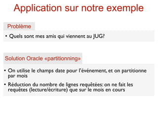 Application sur notre exemple
    Problème
   Quels sont mes amis qui viennent au JUG?



Solution Oracle «partitionning»
   On utilise le champs date pour l’événement, et on partitionne
    par mois
   Réduction du nombre de lignes requêtées: on ne fait les
    requêtes (lecture/écriture) que sur le mois en cours
 