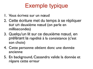 Exemple typique
1. Vous écrivez sur un nœud
2. Cette écriture met du temps à se répliquer
   sur un deuxième nœud (on parle en
   millisecondes)
3. Quelqu'un lit sur ce deuxième nœud, en
   préférant la rapidité à la consistance (c'est
   son choix)
4. Cette personne obtient donc une donnée
   ancienne
5. En background, Cassandra valide la donnée et
   répare cette erreur
 