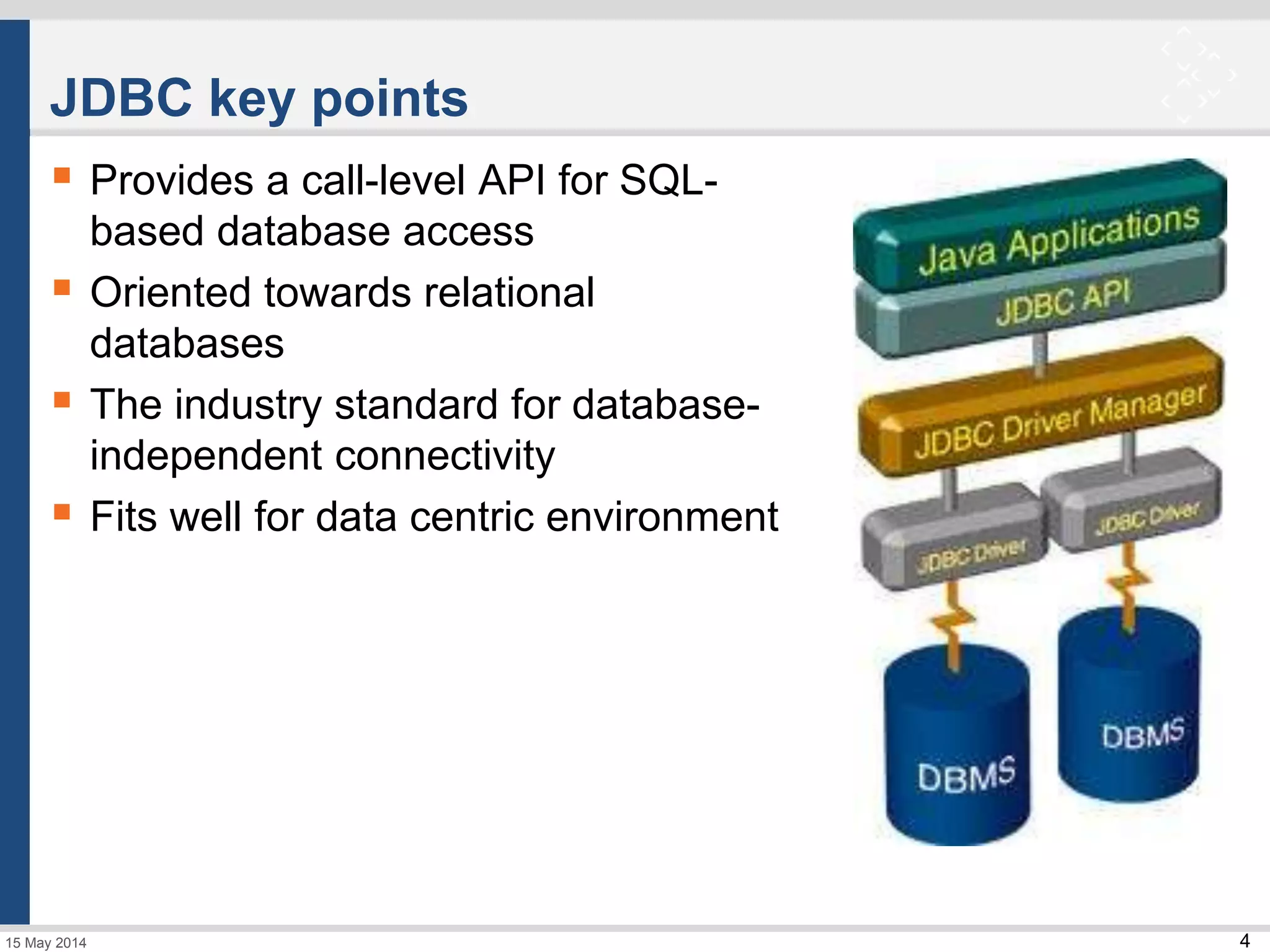 4
JDBC key points
 Provides a call-level API for SQL-
based database access
 Oriented towards relational
databases
 The industry standard for database-
independent connectivity
 Fits well for data centric environment
15 May 2014
 