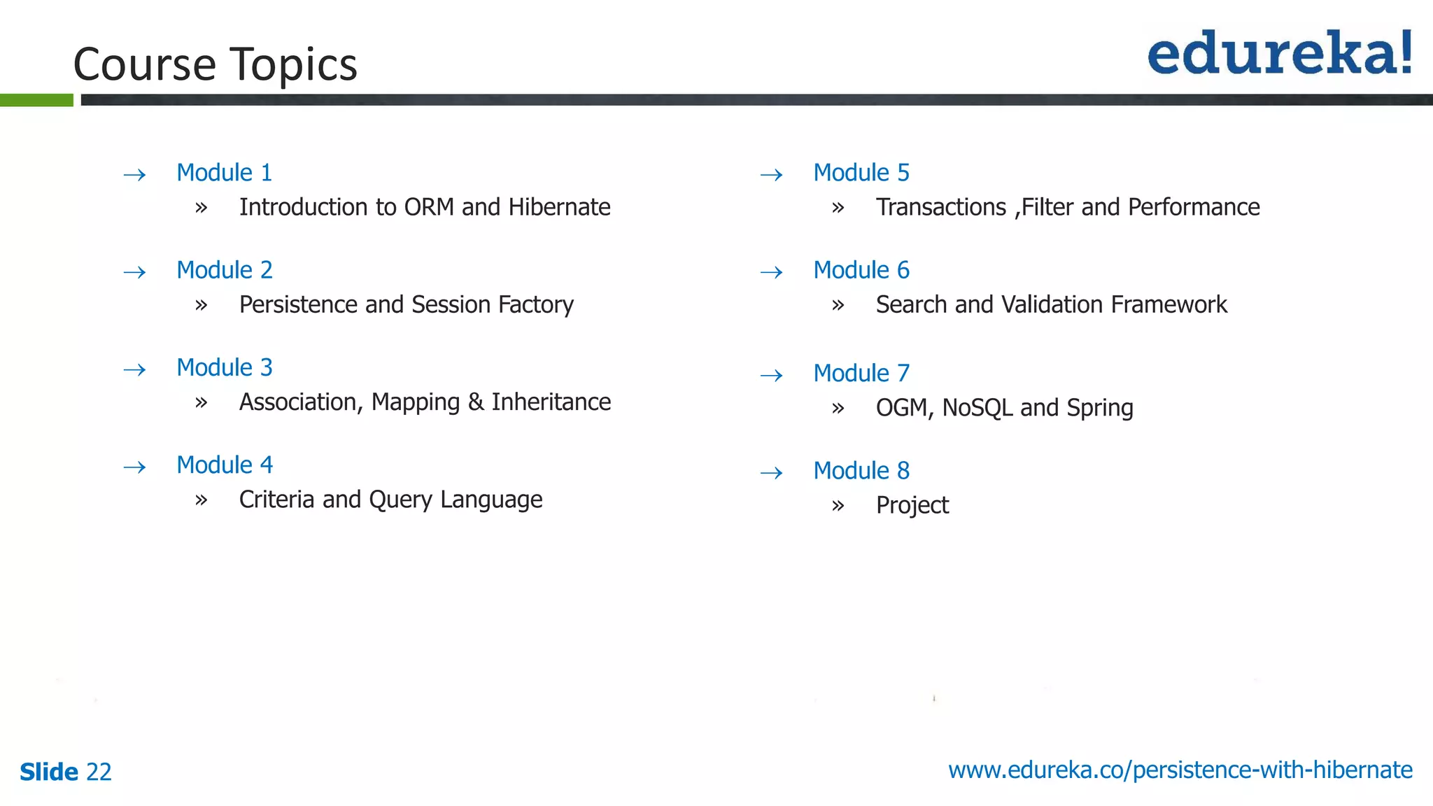 Slide 22 www.edureka.co/persistence-with-hibernate
Course Topics
 Module 1
» Introduction to ORM and Hibernate
 Module 2
» Persistence and Session Factory
 Module 3
» Association, Mapping & Inheritance
 Module 4
» Criteria and Query Language
 Module 5
» Transactions ,Filter and Performance
 Module 6
» Search and Validation Framework
 Module 7
» OGM, NoSQL and Spring
 Module 8
» Project
 