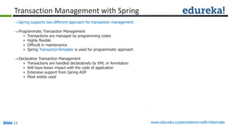 Slide 11Slide 11Slide 11 www.edureka.co/persistence-with-hibernate
Spring supports two different approach for transaction management:
Programmatic Transaction Management
» Transactions are managed by programming codes
» Highly flexible
» Difficult in maintenance
» Spring TransactionTemplate is used for programmatic approach
Declarative Transaction Management
» Transactions are handled declaratively by XML or Annotation
» Will have lesser impact with the code of application
» Extensive support from Spring AOP
» Most widely used
Transaction Management with Spring
 