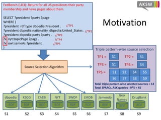 Motivation
FedBench (LD3): Return for all US presidents their party
membership and news pages about them.
SELECT ?president ?party ?page
WHERE {
?president rdf:type dbpedia:President .
?president dbpedia:nationality dbpedia:United_States .
?president dbpedia:party ?party .
?x nyt:topicPage ?page .
?x owl:sameAs ?president .
}
dbpedia
RDF
Source Selection Algorithm
Triple pattern-wise source selection
S1TP1 =
KEGG
RDF
ChEBI
RDF
NYT
RDF
SWDF
RDF
LMDB
RDF
Jamendo
RDF
Geo
Names
RDF
DrugBank
RDF
S1 S2 S3 S4 S5 S6 S7 S8 S9
//TP1
//TP3
//TP4
//TP5
//TP2
TP2 = S1
TP3 = S1 TP4 = S4
TP5 = S1 S2 S4 S5
S6 S7 S8 S9
Total triple pattern-wise selected sources = 12
Total SPARQL ASK queries : 9*5 = 45
 