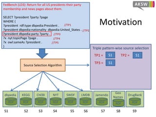 Motivation
FedBench (LD3): Return for all US presidents their party
membership and news pages about them.
SELECT ?president ?party ?page
WHERE {
?president rdf:type dbpedia:President .
?president dbpedia:nationality dbpedia:United_States .
?president dbpedia:party ?party .
?x nyt:topicPage ?page .
?x owl:sameAs ?president .
}
dbpedia
RDF
Source Selection Algorithm
Triple pattern-wise source selection
S1TP1 =
KEGG
RDF
ChEBI
RDF
NYT
RDF
SWDF
RDF
LMDB
RDF
Jamendo
RDF
Geo
Names
RDF
DrugBank
RDF
S1 S2 S3 S4 S5 S6 S7 S8 S9
//TP1
//TP3
//TP4
//TP5
//TP2
TP2 = S1
TP3 = S1
 