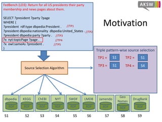 Motivation
FedBench (LD3): Return for all US presidents their party
membership and news pages about them.
SELECT ?president ?party ?page
WHERE {
?president rdf:type dbpedia:President .
?president dbpedia:nationality dbpedia:United_States .
?president dbpedia:party ?party .
?x nyt:topicPage ?page .
?x owl:sameAs ?president .
}
dbpedia
RDF
Source Selection Algorithm
Triple pattern-wise source selection
S1TP1 =
KEGG
RDF
ChEBI
RDF
NYT
RDF
SWDF
RDF
LMDB
RDF
Jamendo
RDF
Geo
Names
RDF
DrugBank
RDF
S1 S2 S3 S4 S5 S6 S7 S8 S9
//TP1
//TP3
//TP4
//TP5
//TP2
TP2 = S1
TP3 = S1 TP4 = S4
 