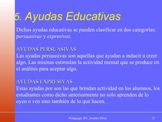 5.  Ayudas Educativas Dichas ayudas educativas se pueden clasificar en dos categorías: p ersuasivas  y  expresivas . AYUDAS PERSUASIVAS Las ayudas persuasivas son aquellas que ayudan a inducir a creer algo. Las mismas estimulan la actividad mental que se produce en el análisis para aceptar algo.  AYUDAS EXPRESIVAS Estas ayudas por son las que brindan actividad en los alumnos, los estudiantes como dicho anteriormente no solo aprenden de lo oyen o ven sino también de lo que hacen. 