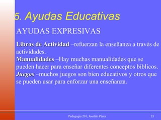 5.  Ayudas Educativas AYUDAS EXPRESIVAS Libros de Actividad  –refuerzan la enseñanza a través de actividades. Manualidades  –Hay muchas manualidades que se pueden hacer para enseñar diferentes conceptos bíblicos. Juegos  –muchos juegos son bien educativos y otros que se pueden usar para enforzar una enseñanza. 