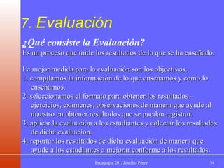 7.  Evaluación ¿Qué consiste la Evaluación? Es un proceso que mide los resultados de lo que se ha enseñado. La mejor medida para la evaluación son los objectivos. 1. compilamos la información de lo que enseñamos y como lo enseñamos. 2. seleccionamos el formato para obtener los resultados – ejercicios, examenes, observaciones de manera que ayude al maestro en obtener resultados que se puedan registrar. 3: aplicar la evaluación a los estudiantes y colectar los resultados de dicha evaluacion. 4: reportar los resultados de dicha evaluación de manera que ayude a los estudiantes a mejorar conforme a los resultados.   