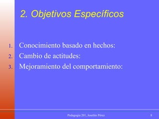 2. Objetivos Específicos Conocimiento basado en hechos: Cambio de actitudes:  Mejoramiento del comportamiento: 