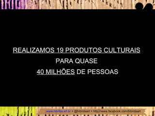REALIZAMOS 19 PRODUTOS CULTURAIS   PARA QUASE  40 MILHÕES  DE PESSOAS 