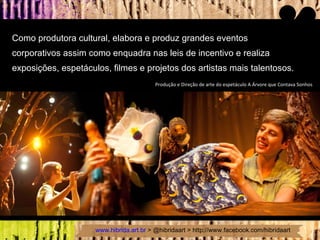 Como produtora cultural, elabora e produz grandes eventos  corporativos assim como enquadra nas leis de incentivo e realiza  exposições, espetáculos, filmes e projetos dos artistas mais talentosos. Produção e Direção de arte do espetáculo A Árvore que Contava Sonhos 