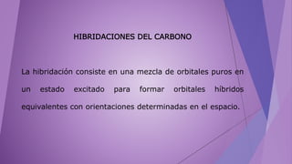 HIBRIDACIONES DEL CARBONO
La hibridación consiste en una mezcla de orbitales puros en
un estado excitado para formar orbitales híbridos
equivalentes con orientaciones determinadas en el espacio.
 