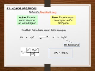 6.1.- ÁCIDOS ORGÁNICOS
Ácido: Especie
capaz de ceder
un ión hidrógeno
Ión hidroxonio
Base: Especie capaz
de aceptar un ión
hidrógeno
Equilibrio ácido-base de un ácido en agua
Definición Bronsted-Lowry
pKa = -log Ka
 