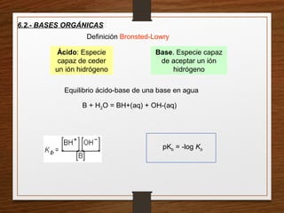 6.2.- BASES ORGÁNICAS
Ácido: Especie
capaz de ceder
un ión hidrógeno
Base. Especie capaz
de aceptar un ión
hidrógeno
Equilibrio ácido-base de una base en agua
Definición Bronsted-Lowry
pKb = -log Kb
B + H2O = BH+(aq) + OH-(aq)
 