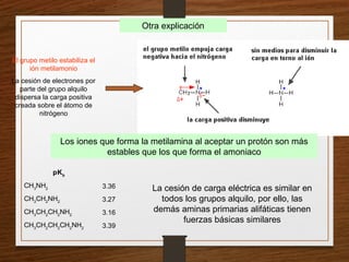 pKb
CH3
NH2 3.36
CH3
CH2
NH2 3.27
CH3
CH2
CH2
NH2 3.16
CH3
CH2
CH2
CH2
NH2 3.39
La cesión de carga eléctrica es similar en
todos los grupos alquilo, por ello, las
demás aminas primarias alifáticas tienen
fuerzas básicas similares
Los iones que forma la metilamina al aceptar un protón son más
estables que los que forma el amoniaco
El grupo metilo estabiliza el
ión metilamonio
La cesión de electrones por
parte del grupo alquilo
dispersa la carga positiva
creada sobre el átomo de
nitrógeno
Otra explicación
 