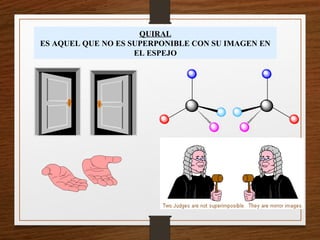 QUIRAL
ES AQUEL QUE NO ES SUPERPONIBLE CON SU IMAGEN EN
EL ESPEJO
 