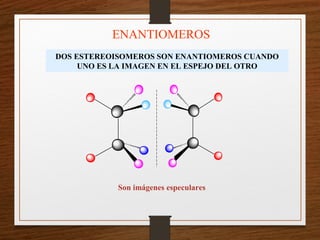 ENANTIOMEROS
DOS ESTEREOISOMEROS SON ENANTIOMEROS CUANDO
UNO ES LA IMAGEN EN EL ESPEJO DEL OTRO
Son imágenes especulares
 