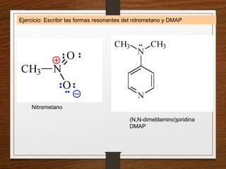 (N,N-dimetilamino)piridina
DMAP
Nitrometano
Ejercicio: Escribir las formas resonantes del nitrometano y DMAP
 