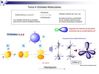 Tema 4 Orbítales Moleculares
Orbital atómico s, p (d y f)
hibridación
orbitales híbridos sp3, sp2 y sp
Los orbitales atómicos se mezclan
para formar nuevos orbitales híbridos
Se altera la forma y orientación
de los orbitales atómicos pero
el número permanece constante
o hibridización
Hibridación
 
