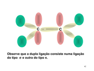 C              C




Observe que a dupla ligação consiste numa ligação
do tipo σ e outra do tipo π.

                                                    42
 