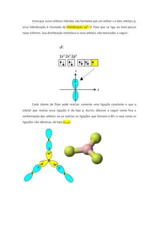 Visto que esses orbitais híbridos são formados por um orbital s e dois orbitais p,
essa hibridização é chamada de Hibridização sp². O flúor que se liga ao boro possui
nove elétrons. Sua distribuição eletrônica e seus orbitais são mostrados a seguir:
Cada átomo de flúor pode realizar somente uma ligação covalente e que o
orbital que realiza essa ligação é do tipo p. Assim, observe a seguir como fica a
conformação dos orbitais ao se realizar as ligações que formam o BF3 e veja como as
ligações são idênticas, do tipo σp-sp2:
 