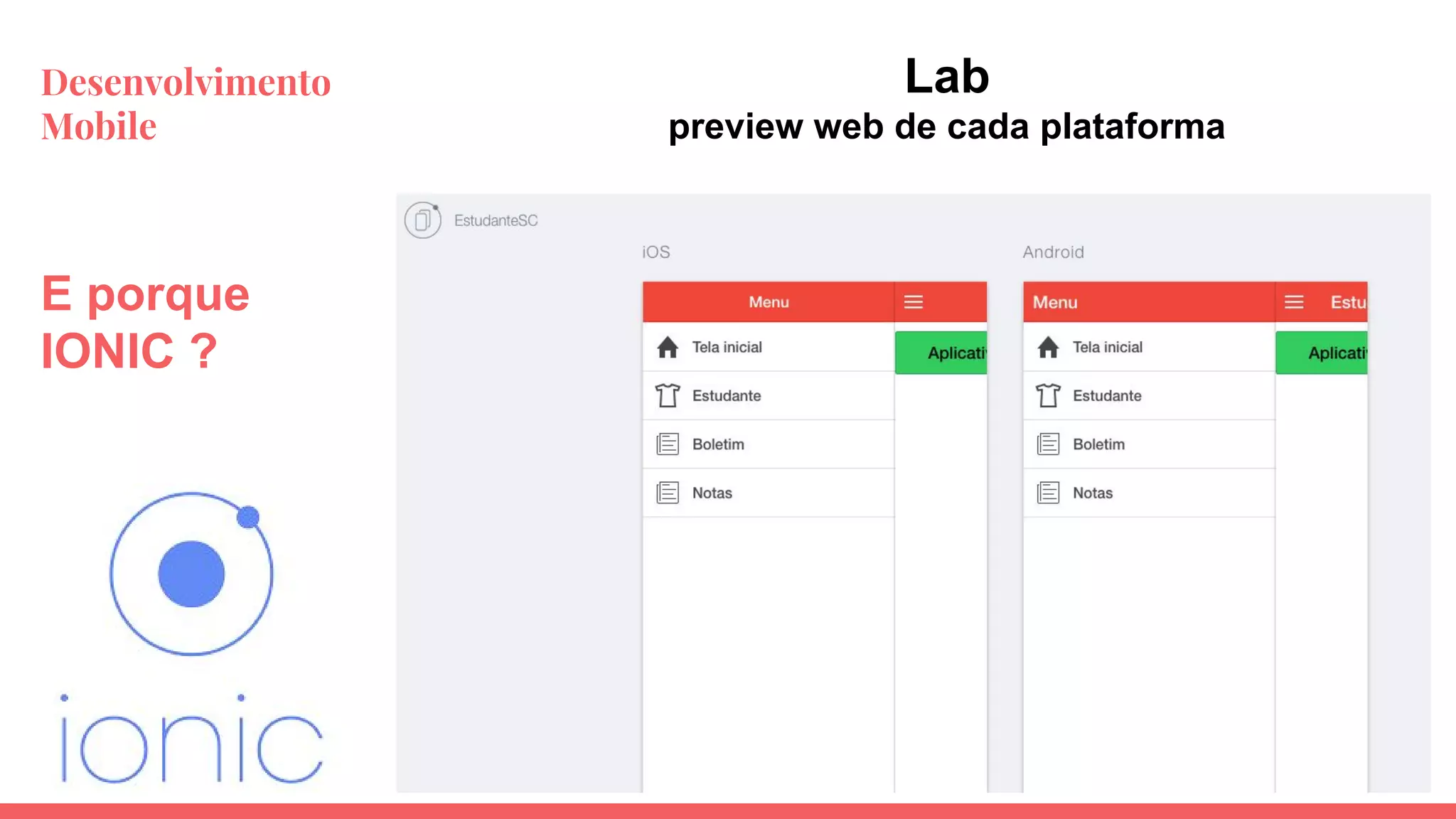 Desenvolvimento
Mobile
E porque
IONIC ?
Lab
preview web de cada plataforma
 