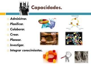 Capacidades.
   Administrar.
   Planificar.
   Colaborar.
   Crear.
   Planear.
   Investigar.
   Integrar conocimientos.
 