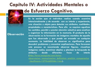 Capítulo IV: Actividades Mentales o
       de Esfuerzo Cognitivo.
              Es la acción que el individuo realiza cuando examina
              intencionalmente y de acuerdo con su interés y experiencia,
              una situación u objeto para detectar sus atributos, cualidades,
              propiedades o características. Para ello se requiere agudizar
              los sentidos, percibir y prestar atención selectiva para analizar
              y organizar la información en la memoria. El producto de la
Observación   observación es la formación de imágenes mentales de aquello
              que fue observado y que puede ser evocado en cualquier
              momento. La habilidad de observar es significativa para
              descubrir problemas y encontrar explicaciones. Para favorecer
              este proceso se recomienda observar figuras, visualizar
              imágenes reales, examinar objetos y plantear la búsqueda de
              atributos      desde      diferentes     focos     de     interés
              (http://foros.emagister.com/tema-
              observacion_memorizacion_definicion_analisis_comparacion
              _clasificasio-13776-600246-1.htm).
 