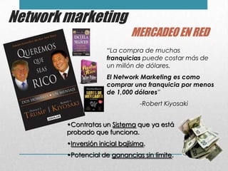 Network marketing
                              MERCADEO EN RED
                      “La compra de muchas
                      franquicias puede costar más de
                      un millón de dólares.
                      El Network Marketing es como
                      comprar una franquicia por menos
                      de 1,000 dólares”
                                  -Robert Kiyosaki


        •Contratas un Sistema que ya está
        probado que funciona.
        •Inversión inicial bajísima.
        •Potencial de ganancias sin límite.
 
