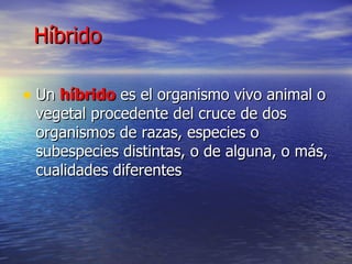 Híbrido  Un  híbrido  es el organismo vivo animal o vegetal procedente del cruce de dos organismos de razas, especies o subespecies distintas, o de alguna, o más, cualidades diferentes  