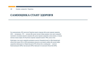 За самооцінкою, 39% жителів України мають хороше або дуже хороше здоров’я,
44% — посереднє, 17% — погане або дуже погане. Дещо краще стан свого здоров’я
оцінюють чоловіки (мають хороше або дуже хороше здоров’я), аніж жінки, а також
молоді люди (серед 18-29 річних хороше здоров’я мають 78%), аніж літні.
Найгірше стан свого здоров’я оцінюють жителі Закарпатської та Житомирської
областей (лише 25% та 26% відповідно вказали, що мають добре або дуже добре
здоров’я), Донецької та Чернігівської (27%) областей, а найкраще — жителі
Хмельницької (48%), Луганської (49%), Одеської та Сумської областей (50%).
САМООЦІНКА СТАНУ ЗДОРОВ’Я
40 Індекс здоров’я. Україна
 