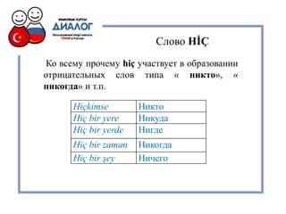 Ко всему прочему hiç участвует в образовании
отрицательных слов типа « никто», «
никогда» и т.п.
Слово HİÇ
Hiçkimse Никто
Hiç bir yere Никуда
Hiç bir yerde Нигде
Hiç bir zaman Никогда
Hiç bir şey Ничего
 