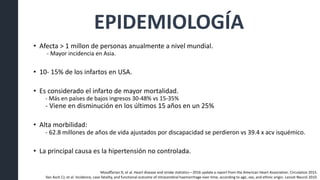 EPIDEMIOLOGÍA
• Afecta > 1 millon de personas anualmente a nivel mundial.
- Mayor incidencia en Asia.
• 10- 15% de los infartos en USA.
• Es considerado el infarto de mayor mortalidad.
- Más en países de bajos ingresos 30-48% vs 15-35%
- Viene en disminución en los últimos 15 años en un 25%
• Alta morbilidad:
- 62.8 millones de años de vida ajustados por discapacidad se perdieron vs 39.4 x acv isquémico.
• La principal causa es la hipertensión no controlada.
Mozaffarian D, et al. Heart disease and stroke statistics—2016 update a report from the American Heart Association. Circulation 2015.
Van Asch CJ, et al. Incidence, case fatality, and functional outcome of intracerebral haemorrhage over time, according to age, sex, and ethnic origin. Lancet Neurol 2010.
 