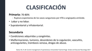 CLASIFICACIÓN
Primaria: 70-80%
- Ruptura espontanea de los vasos sanguineos por HTA o angiopatía amiloide.
• Lobar y no lobar.
• Supratentorial y infratentorial.
Secundaria
• Condiciones adquiridas y congénitas.
• Malformaciones, tumores, desordenes de la cogulación, vasculitis,
anticogulantes, trombosis venosa, drogas de abuso.
Dastur CK, Yu W. Current management of spontaneous intracerebral haemorrhage. Stroke and Vascular Neurology 2017
 