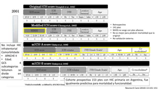 • Retrospectivo
• 141 ptes
• NIHSS no sesgs con ptes afasicos
• No es mejor para predceir mortalidad que la
original-
• No validación externa.
No incluye HIC
infratentorial
Comorbilidade
• APACHE II
• Edad.
GCS 4
subcategorias
Volumen se
divide en
categorias
Cohorte prospectiva 153 ptes con HIC primaria en Argentina, fue
igualmente predictiva para mortalidad y funcionalidad.
Neurocrit Care (2010) 13:141–151
 