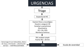 URGENCIAS
Triage
Examen físico y neurológico
Evaular y asegurar VA
Canalizar y paraclinicos
Glucometria
O2 > SO2 92%
Monitoria continua
HIC
Sospecha de HIC
TAC cerebral simple
Puerta TAC < 20 min
Escala de severidad
Hemorragia IV con hidrocefalia, efecto
de masa, o herniación y disminución
del GCS --- VENTIRICULOSTOMIA
 