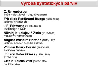 Výroba syntetických barviv
O. Unverdorben
1826 – destiloval indigo s vápnem
Friedlieb Ferdinand Runge (1795-1867)
isoloval anilin z uhlí
J.F. Fritzsche (1808-1871)
tavil indigo s KOH
Nikolaj Nikolajevič Zinin (1812-1880)
redukoval nitrobenzen
August Wilhelm Hofman (1818-1892)
isoloval benzen a anilin z dehtu
William Henry Perkin (1838-1907)
anilinová barviva
Johann Peter Griess (1829-1888)
azobarviva
Otto Nikolaus Witt      (1853-1915)
další barviva
 