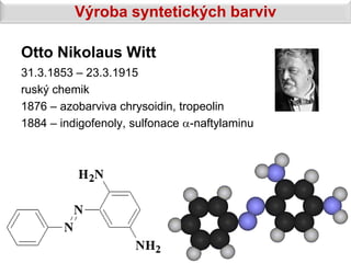 Výroba syntetických barviv

Otto Nikolaus Witt
31.3.1853 – 23.3.1915
ruský chemik
1876 – azobarviva chrysoidin, tropeolin
1884 – indigofenoly, sulfonace a-naftylaminu
 