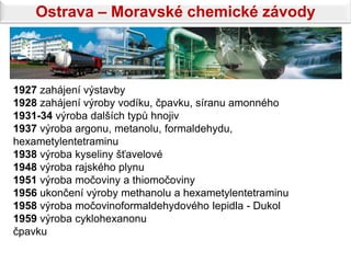 Ostrava – Moravské chemické závody



1927 zahájení výstavby
1928 zahájení výroby vodíku, čpavku, síranu amonného
1931-34 výroba dalších typů hnojiv
1937 výroba argonu, metanolu, formaldehydu,
hexametylentetraminu
1938 výroba kyseliny šťavelové
1948 výroba rajského plynu
1951 výroba močoviny a thiomočoviny
1956 ukončení výroby methanolu a hexametylentetraminu
1958 výroba močovinoformaldehydového lepidla - Dukol
1959 výroba cyklohexanonu
čpavku
 