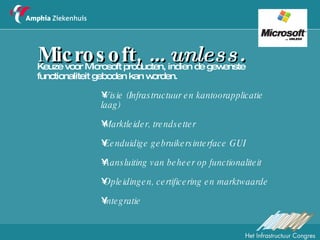 Microsoft,  …unless. Keuze voor Microsoft producten, indien de gewenste functionaliteit geboden kan worden. Visie (Infrastructuur en kantoorapplicatie laag) Marktleider, trendsetter Eenduidige gebruikersinterface GUI Aansluiting van beheer op functionaliteit Opleidingen, certificering en marktwaarde Integratie 