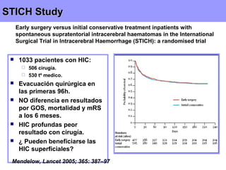 SSTTIICCHH SSttuuddyy 
Early surgery versus initial conservative treatment inpatients with 
spontaneous supratentorial intracerebral haematomas in the International 
Surgical Trial in Intracerebral Haemorrhage (STICH): a randomised trial 
 1033 pacientes con HIC: 
 506 cirugía. 
 530 tº medico. 
 Evacuación quirúrgica en 
las primeras 96h. 
 NO diferencia en resultados 
por GOS, mortalidad y mRS 
a los 6 meses. 
 HIC profundas peor 
resultado con cirugía. 
 ¿ Pueden beneficiarse las 
HIC superficiales? 
Mendelow, Lancet 2005; 365: 387–97 
 